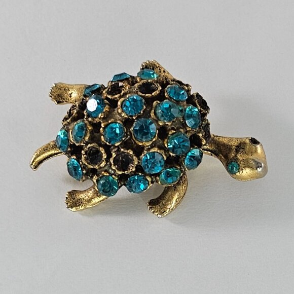 Vintage One Eyed Turtle Rhinestone Brooch Pin Gold Tone Blue Gemstones *AS IS* - Picture 2 of 8